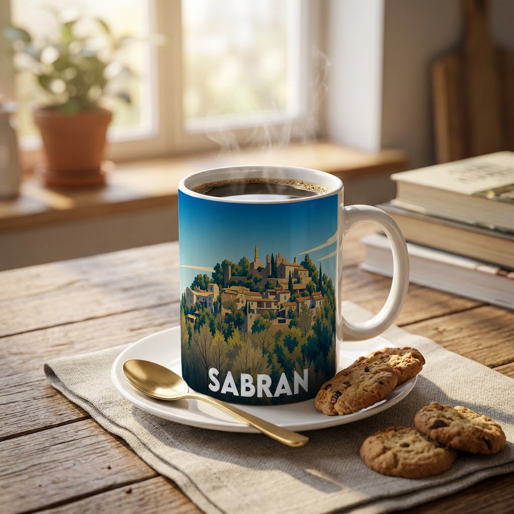 Mug souvenir de la ville de Sabran avec une illustration stylisée.
