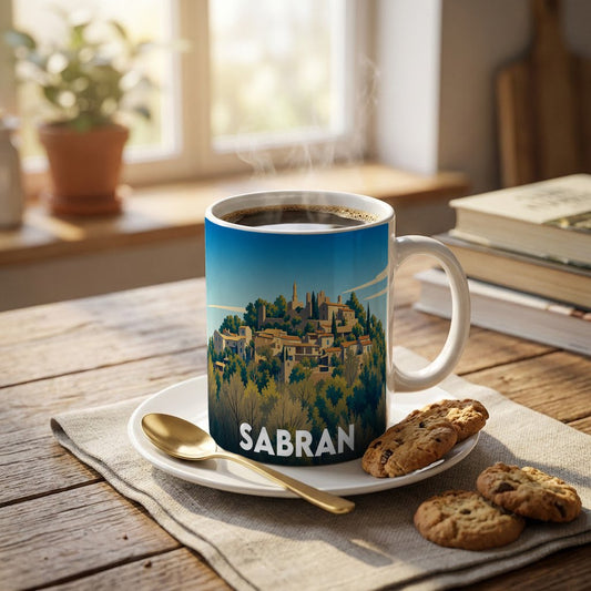 Mug souvenir de la ville de Sabran avec une illustration stylisée.