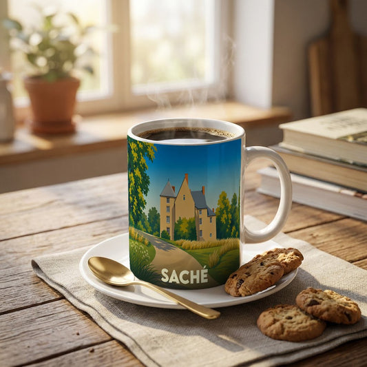 Mug souvenir de la ville de Saché orné d'une illustration stylisée de son château.