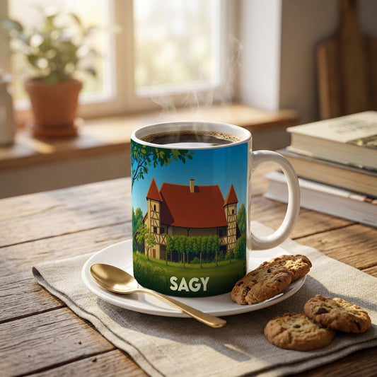 Mug souvenir de la ville de Sagy orné d'une illustration stylisée de sa maison de campagne.