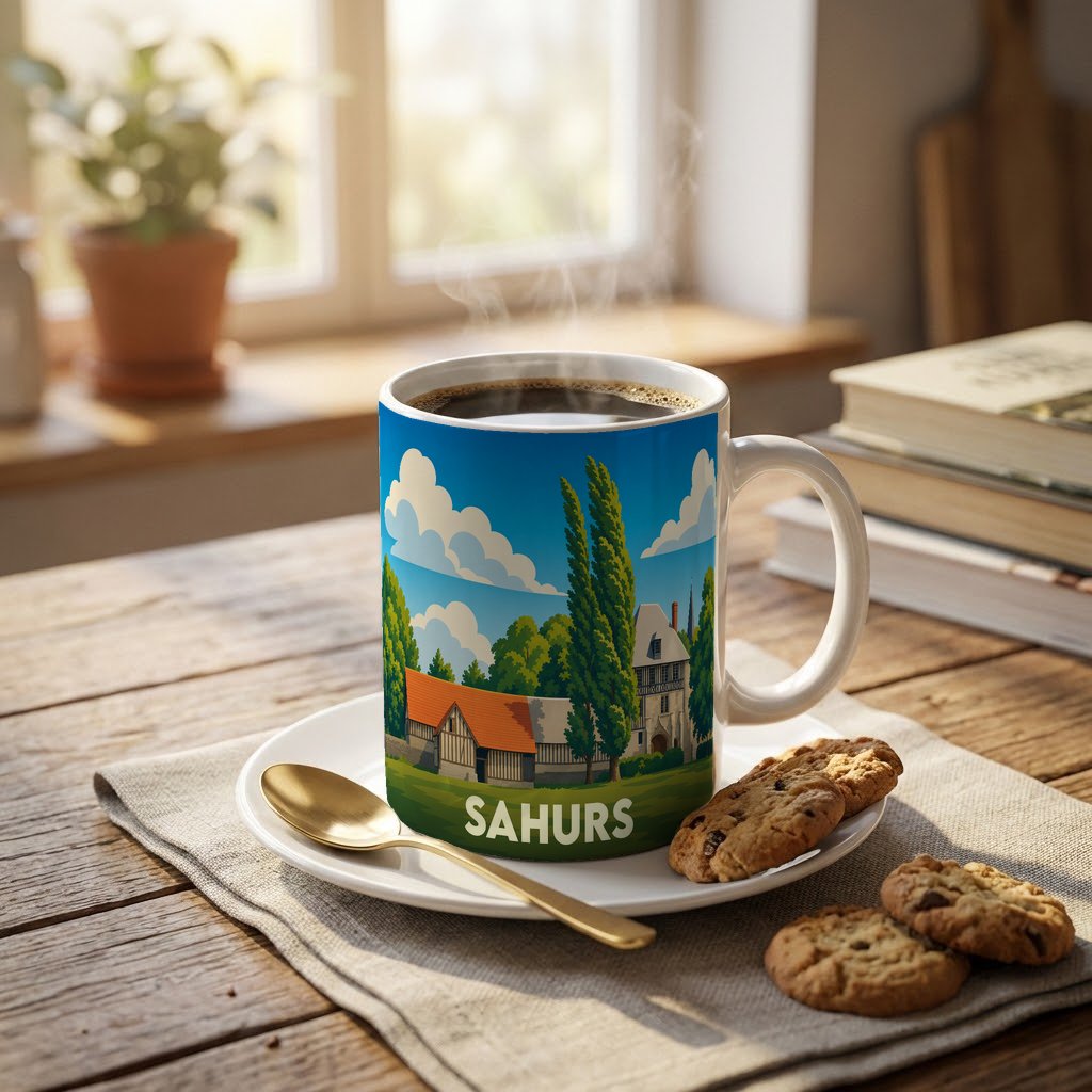 Mug souvenir de la ville de Sahurs avec une illustration stylisée d'un paysage normand.