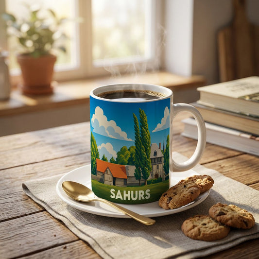 Mug souvenir de la ville de Sahurs avec une illustration stylisée d'un paysage normand.