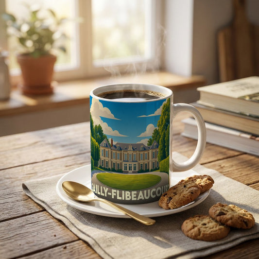Mug souvenir de la ville de Sailly-Flibeaucourt orné d'une illustration stylisée de son château.