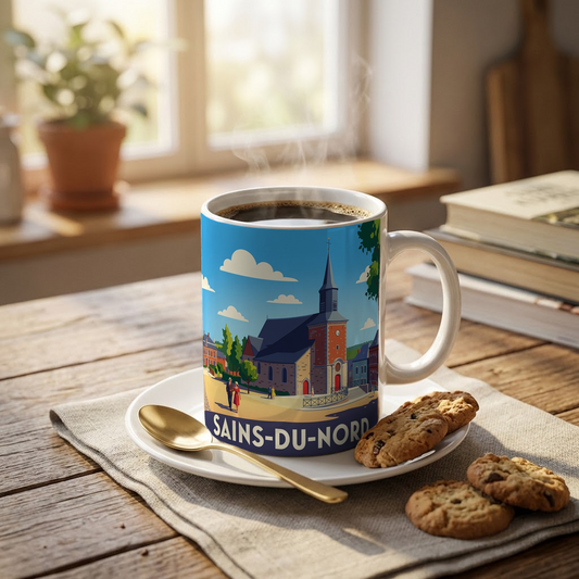 Mug souvenir de la ville de Sains-du-Nord avec une illustration stylisée.