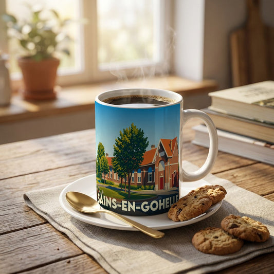 Mug souvenir de la ville de Sains-en-Gohelle orné d'une illustration stylisée de ses bâtiments emblématiques.