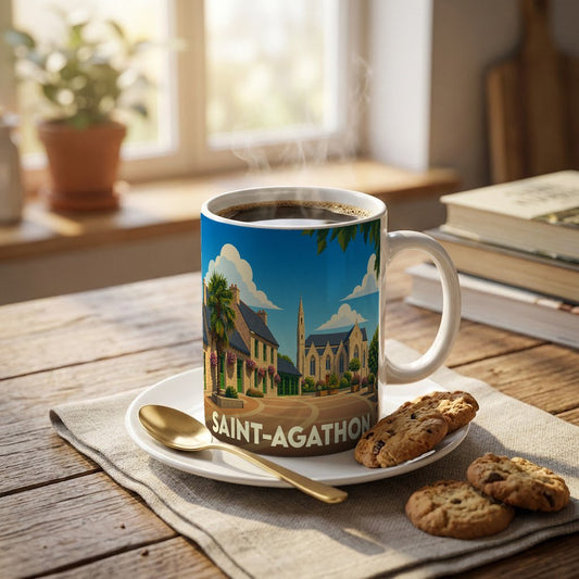 Mug souvenir de la ville de Saint-Agathon avec une illustration colorée représentant son église et ses maisons.