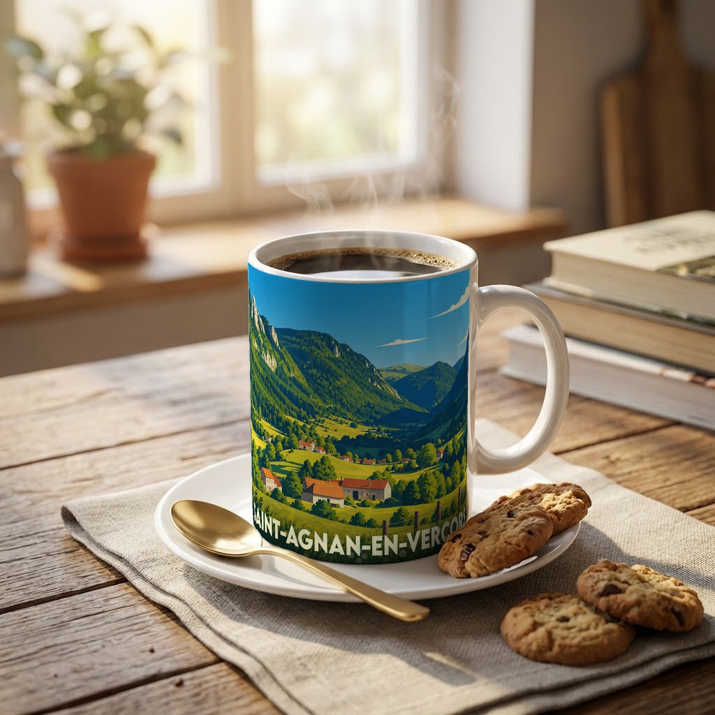Mug souvenir de la ville de Saint-Agnan-en-Vercors orné d'une illustration de paysage de montagne.