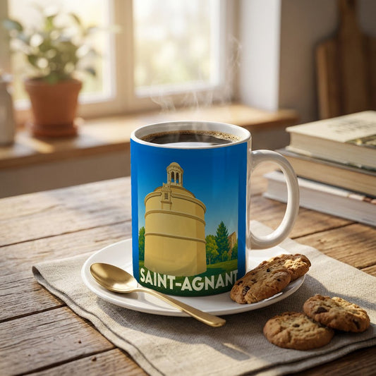 Mug souvenir de la ville de Saint-Agnant orné d'une illustration stylisée de son patrimoine.