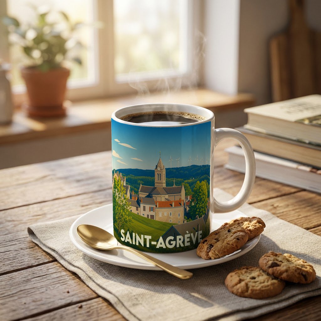 Mug souvenir de la ville de Saint-Agrève orné d'une illustration stylisée du village et de son clocher.