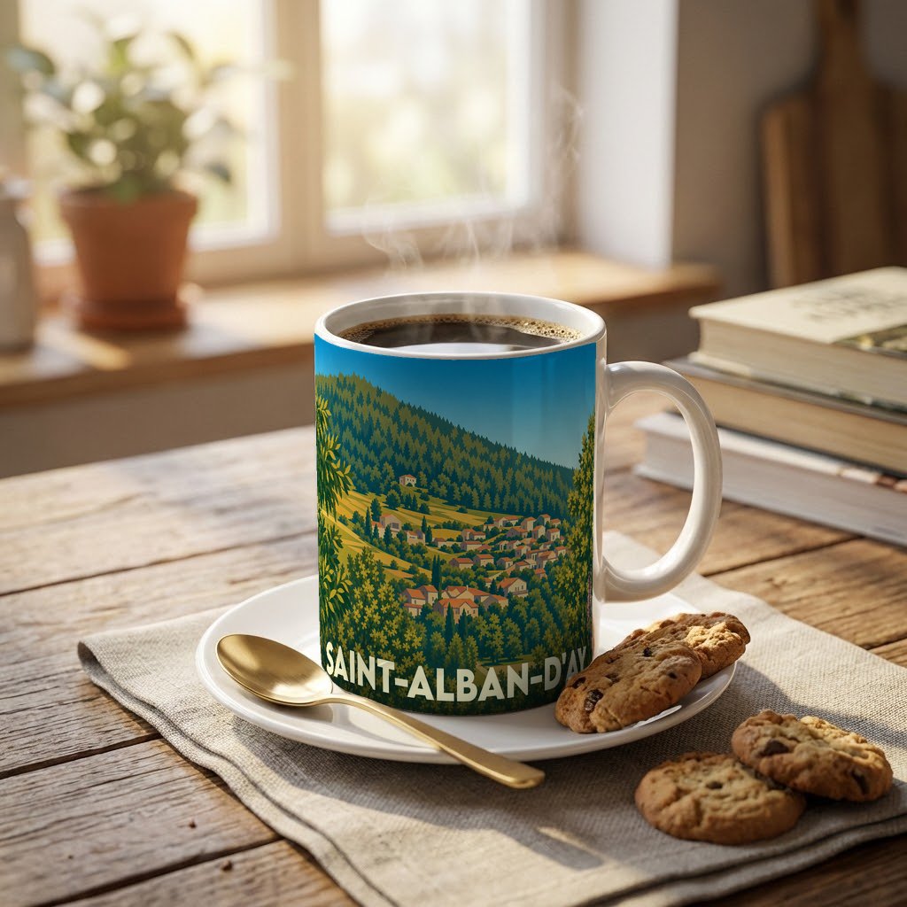 Mug souvenir de la ville de Saint-Alban-d'Ay avec une illustration stylisée de son paysage vallonné.