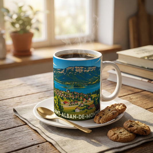 Mug souvenir de la ville de Saint-Alban-de-Montbel avec une illustration stylisée de son lac et de ses montagnes.