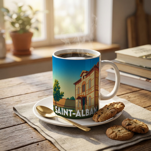 Mug souvenir de la ville de Saint-Alban orné d'une illustration stylisée de son patrimoine architectural.