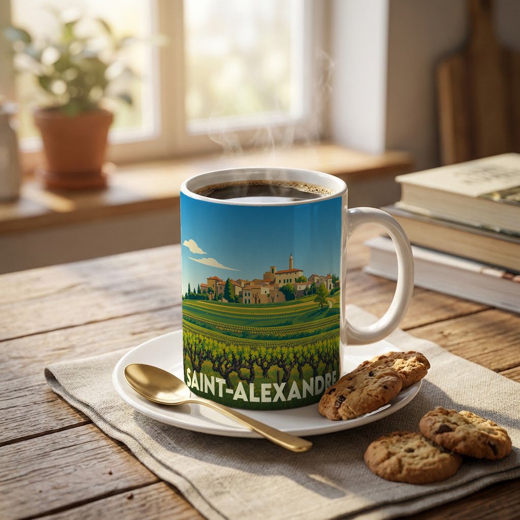 Mug souvenir de la ville de Saint-Alexandre orné d'une illustration stylisée de vignobles et d'un village provençal.