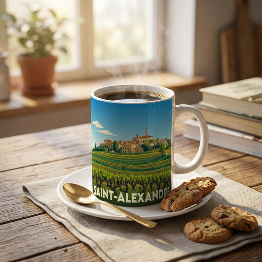 Mug souvenir de la ville de Saint-Alexandre orné d'une illustration stylisée de vignobles et d'un village provençal.