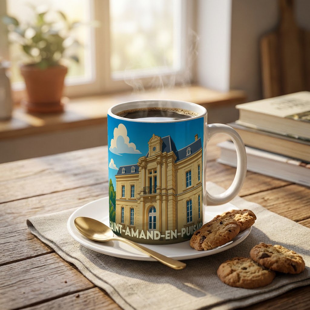 Mug souvenir de la ville de Saint-Amand-en-Puisaye avec une illustration stylisée de son château.