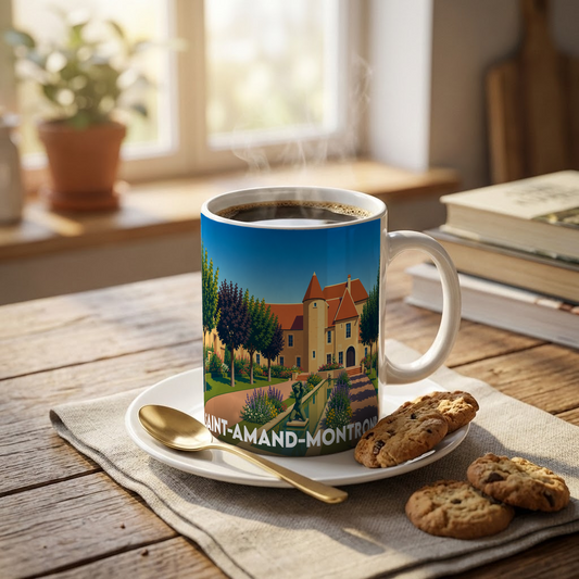 Mug souvenir de la ville de Saint-Amand-Montrond avec une illustration stylisée d'un château.