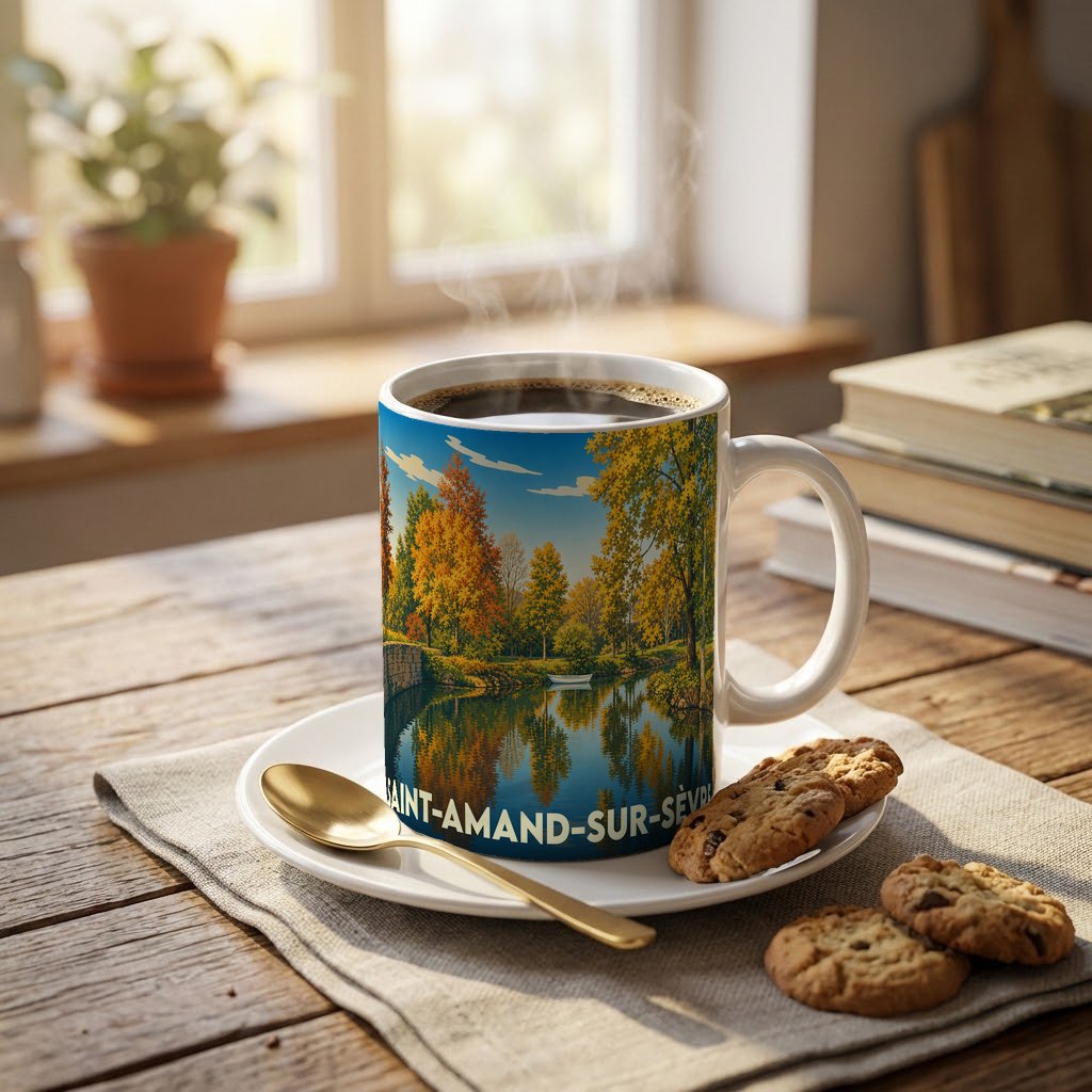 Mug souvenir de la ville de Saint-Amand-sur-Sèvre orné d'un paysage automnal au bord de l'eau.