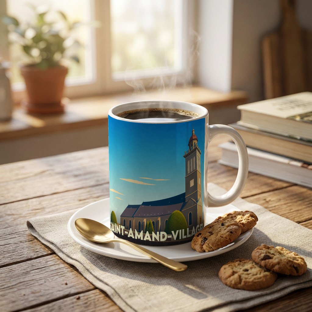 Mug souvenir de la ville de Saint-Amand-Villages orné d'une illustration stylisée de son église.
