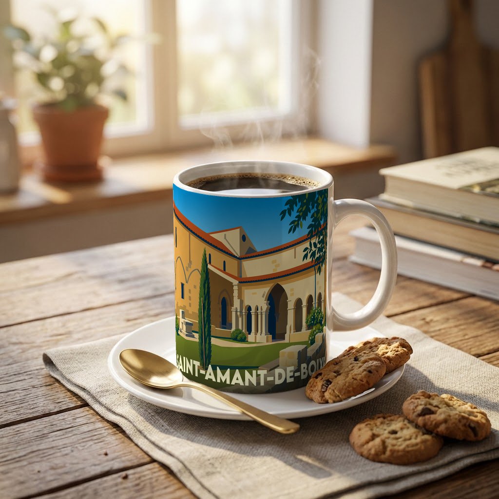 Mug souvenir de la ville de Saint-Amant-de-Boixe avec une illustration stylisée de son abbaye.