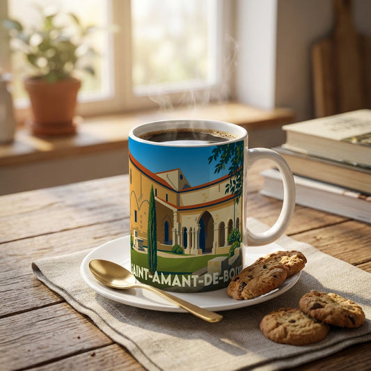 Mug souvenir de la ville de Saint-Amant-de-Boixe avec une illustration stylisée de son abbaye.