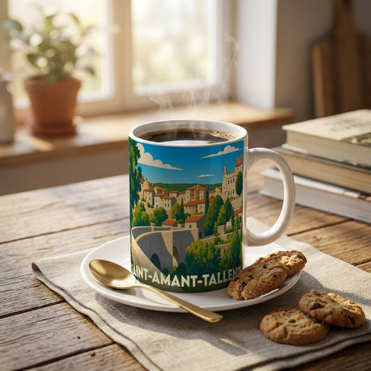 Mug souvenir de la ville de Saint-Amant-Tallende orné d'une illustration stylisée de ses paysages et de son patrimoine.