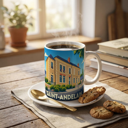 Mug souvenir de la ville de Saint-Andelain avec une illustration stylisée d'un bâtiment emblématique.