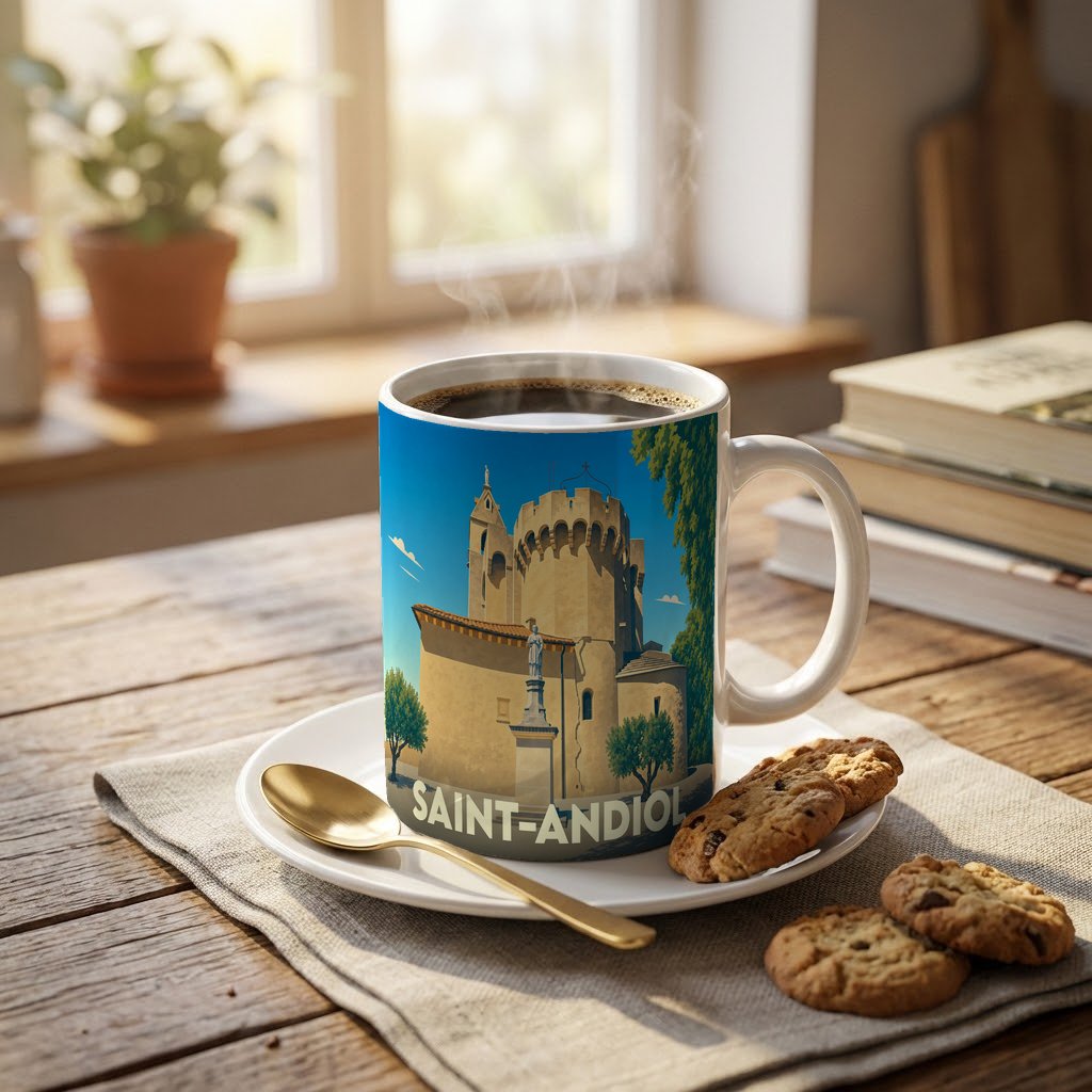 Mug souvenir de la ville de Saint-Andiol avec une illustration stylisée d'un monument historique.