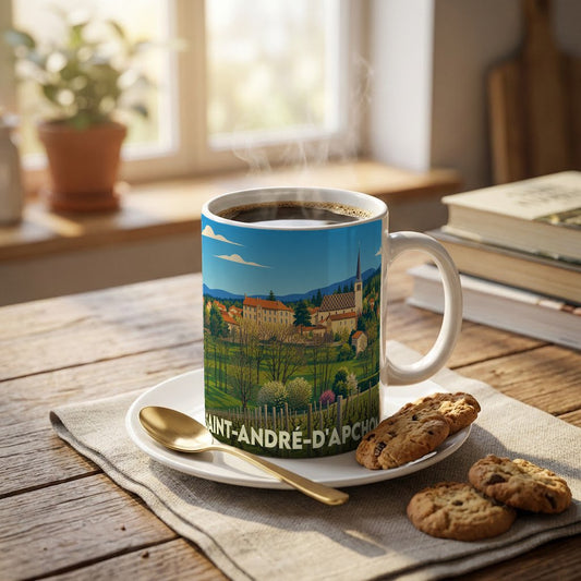 Mug souvenir de la ville de Saint-André-d'Apchon avec une illustration stylisée d'un paysage de campagne.
