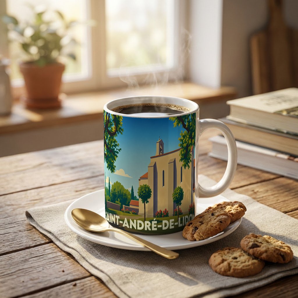 Mug souvenir de la ville de Saint-André-de-Lidon avec une illustration stylisée de son église.