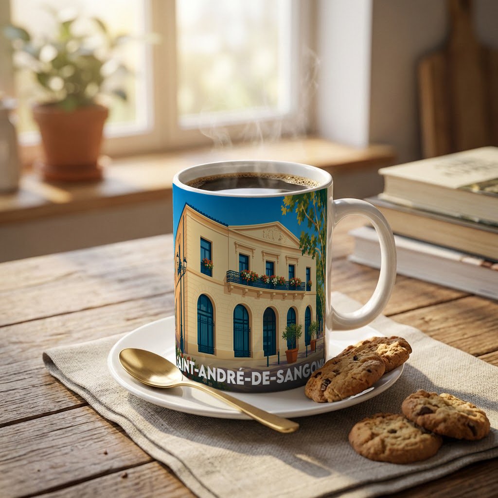 Mug souvenir de la ville de Saint-André-de-Sangonis avec une illustration stylisée d'un bâtiment historique.
