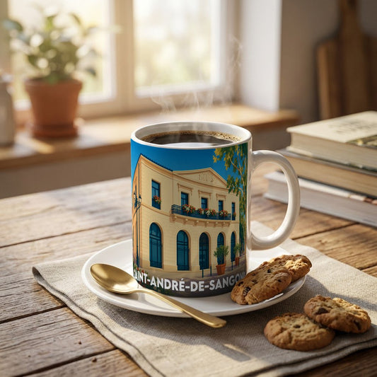 Mug souvenir de la ville de Saint-André-de-Sangonis avec une illustration stylisée d'un bâtiment historique.