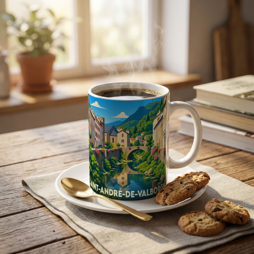 Mug souvenir de la ville de Saint-André-de-Valborgne avec une illustration stylisée d'un pont et de maisons au bord de l'eau.