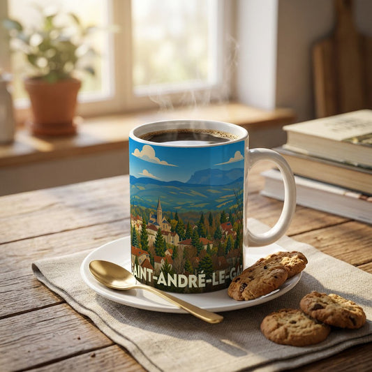 Mug souvenir de la ville de Saint-André-le-Gaz avec une illustration paysagère stylisée.