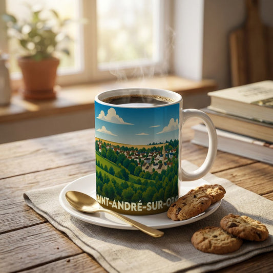 Mug souvenir de la ville de Saint-André-sur-Orne avec une illustration stylisée d'un paysage de campagne.