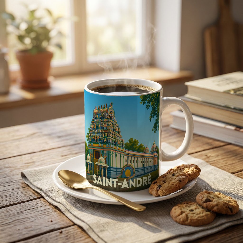 Mug souvenir de la ville de Saint-André orné d'une illustration colorée d'un temple tamoul.