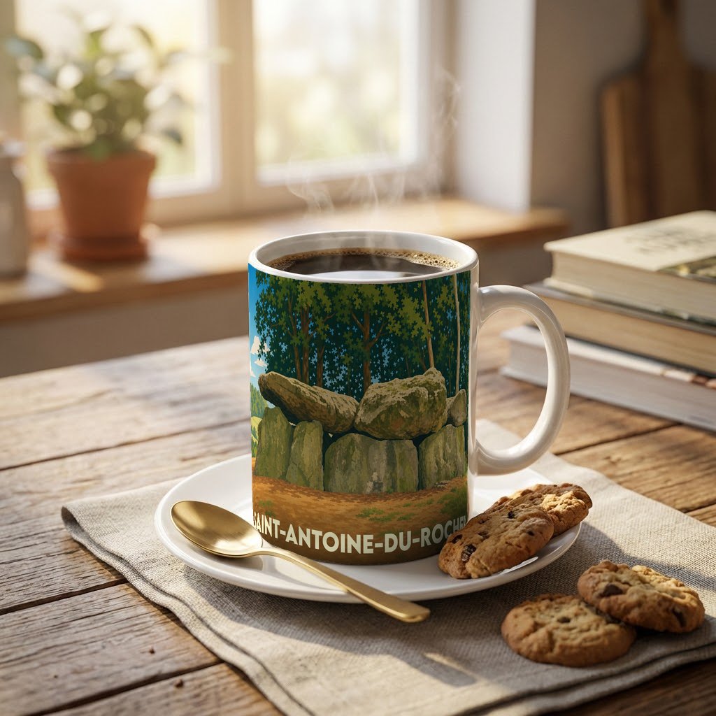 Mug souvenir de la ville de Saint-Antoine-du-Rocher illustré d'un dolmen dans une forêt.