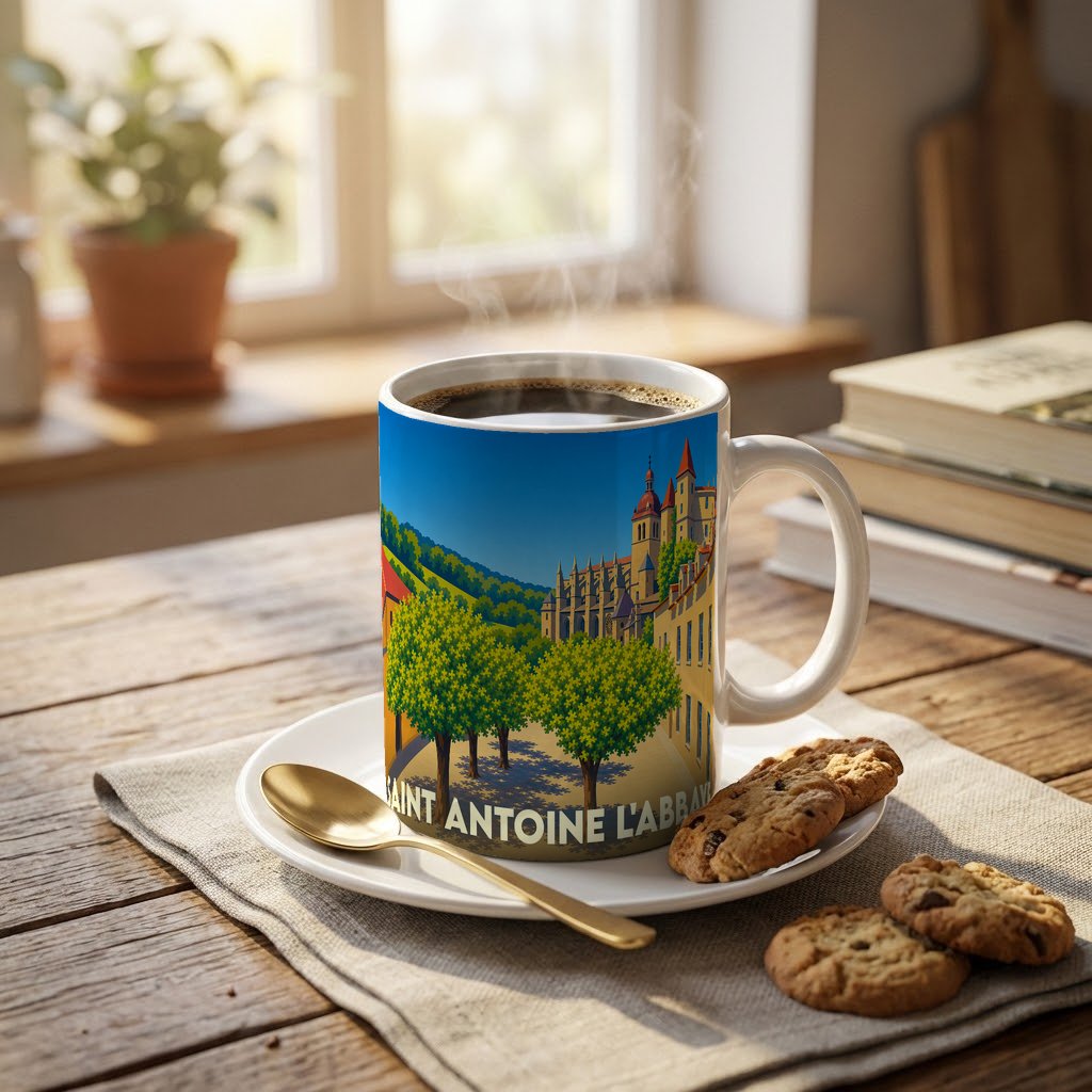 Mug souvenir de la ville de Saint-Antoine-l'Abbaye avec une illustration colorée et stylisée de ses monuments historiques.