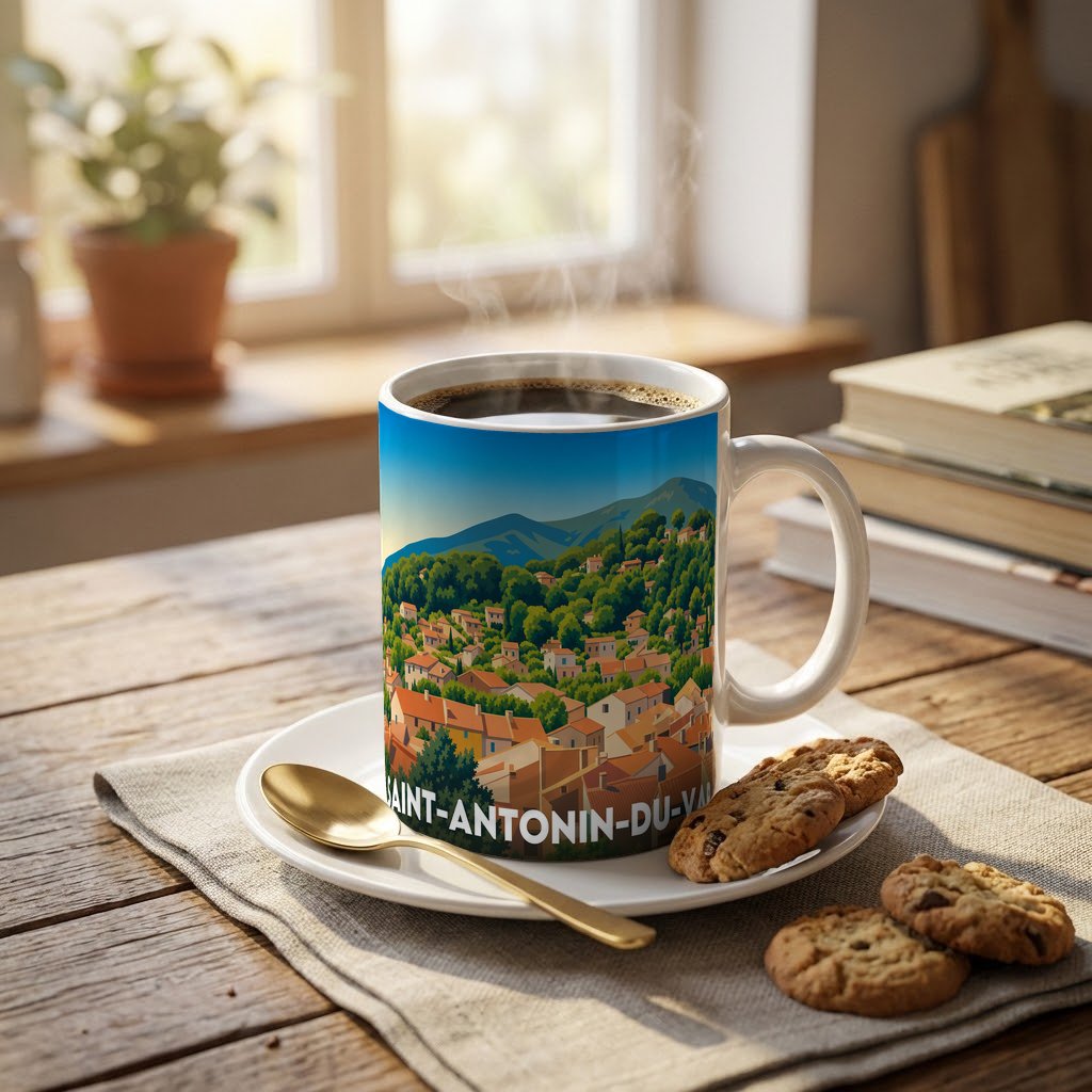 Mug souvenir de la ville de Saint-Antonin-du-Var avec une illustration stylisée du village.