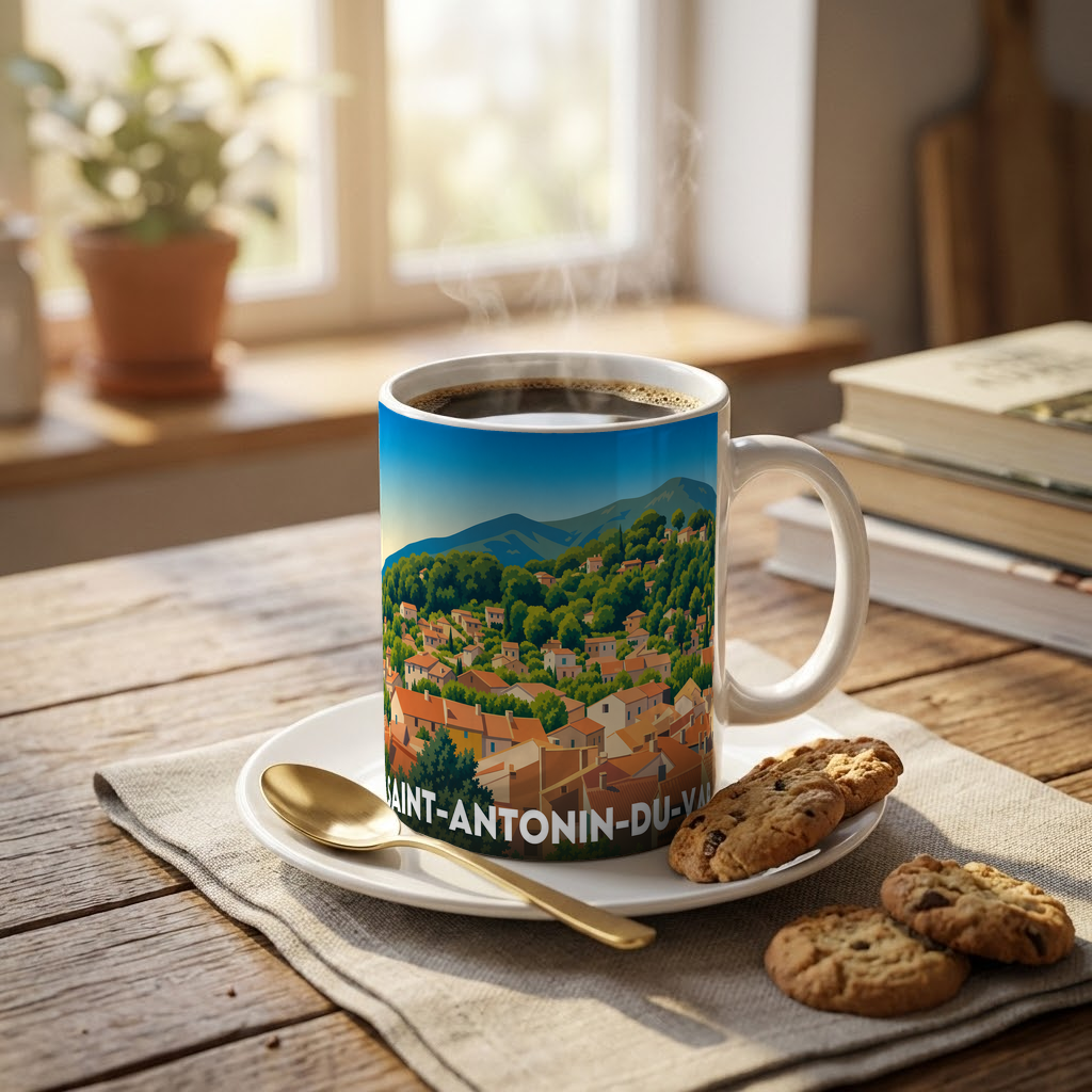 Mug souvenir de la ville de Saint-Antonin-du-Var avec une illustration stylisée du village.