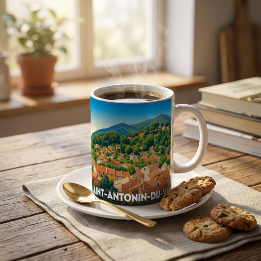 Mug souvenir de la ville de Saint-Antonin-du-Var avec une illustration stylisée du village.