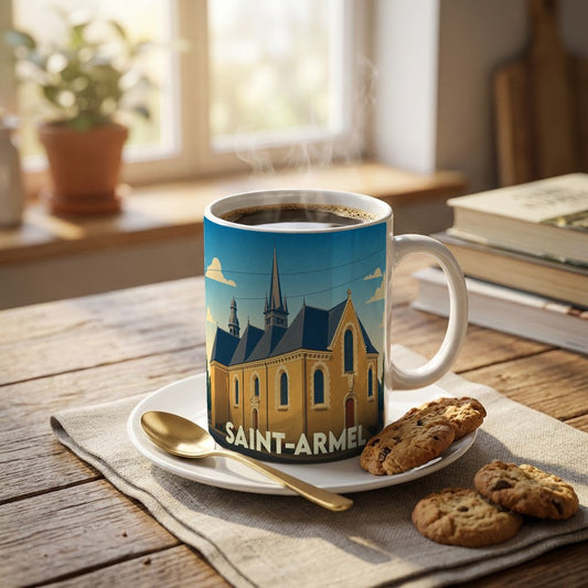 Mug souvenir de la ville de Saint-Armel avec une illustration stylisée de son église.