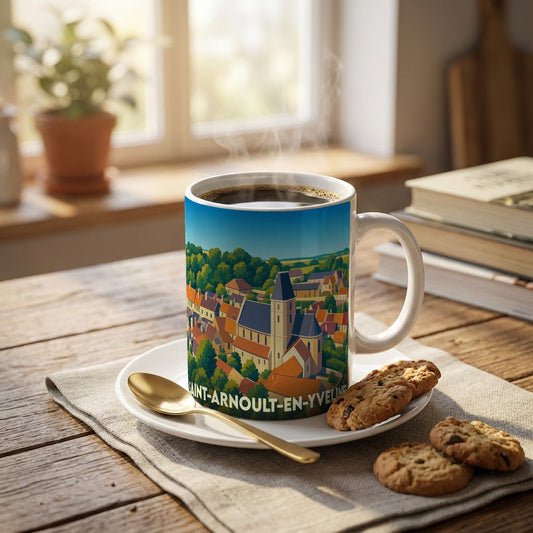 Mug souvenir de la ville de Saint-Arnoult-en-Yvelines avec une illustration stylisée.