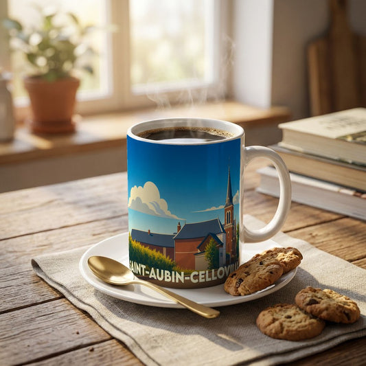 Mug souvenir de la ville de Saint-Aubin-Celloville avec une illustration stylisée.