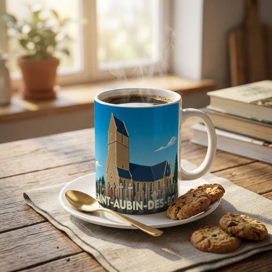 Mug souvenir de la ville de Saint-Aubin-des-Bois avec une illustration stylisée de son église.