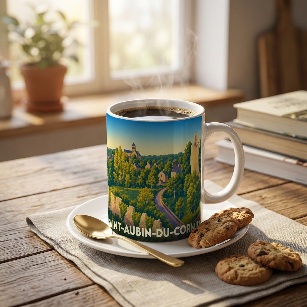 Mug souvenir de la ville de Saint-Aubin-du-Cormier orné d'une illustration paysagère stylisée.