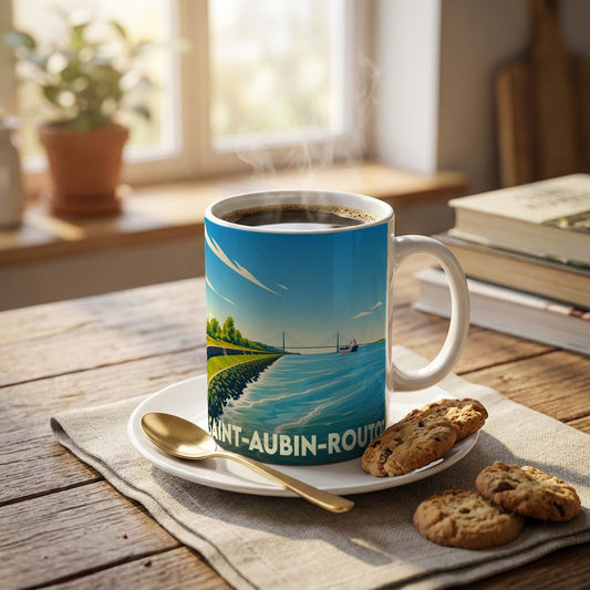 Mug souvenir de la ville de Saint-Aubin-Routot orné d'une illustration stylisée de son paysage côtier et de son pont.