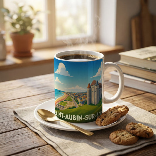 Mug souvenir de la ville de Saint-Aubin-sur-Scie orné d'une illustration stylisée de son paysage littoral et architectural.