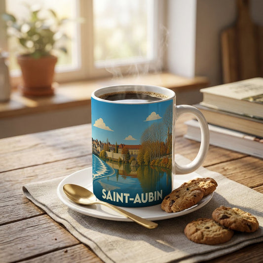 Mug souvenir de la ville de Saint-Aubin avec une illustration stylisée d'un paysage urbain au bord de l'eau.