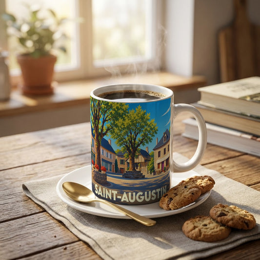 Mug souvenir de la ville de Saint-Augustin orné d'une illustration colorée et stylisée représentant une place arborée.