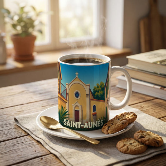 Mug souvenir de la ville de Saint-Aunès orné d'une illustration stylisée de son église.